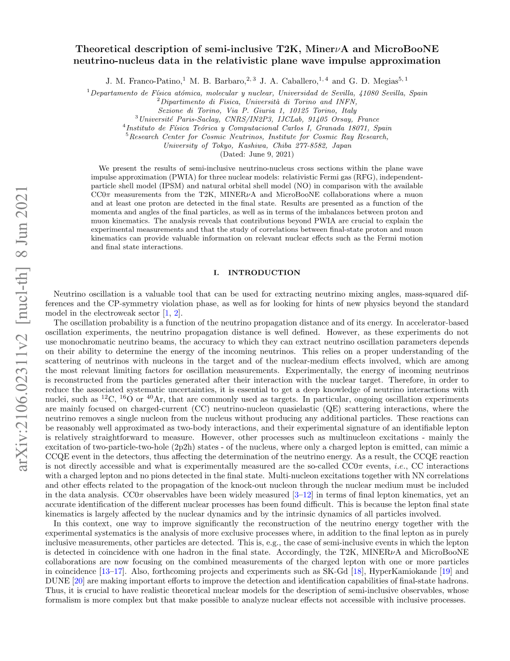 Arxiv:2106.02311V2 [Nucl-Th] 8 Jun 2021 with a Charged Lepton and No Pions Detected in the ﬁnal State