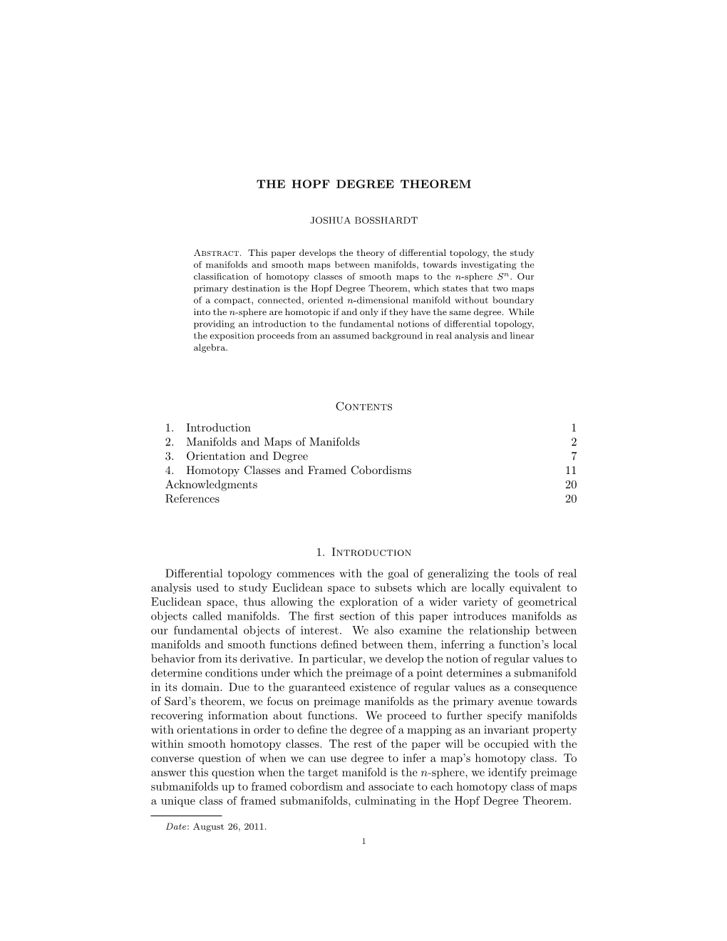 THE HOPF DEGREE THEOREM Contents 1. Introduction 1 2