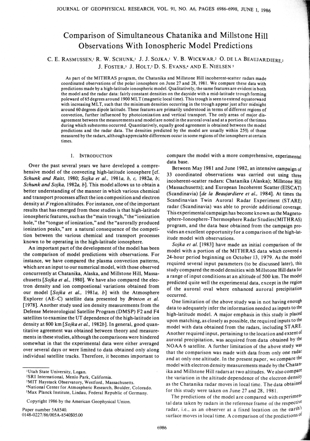 Comparison of Simultaneous Chatanika and Millstone Hill Observations with Ionospheric Model Predictions