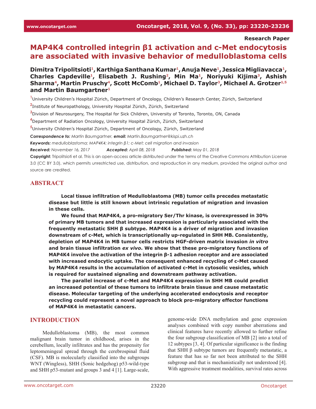 MAP4K4 Controlled Integrin Β1 Activation and C-Met Endocytosis Are Associated with Invasive Behavior of Medulloblastoma Cells