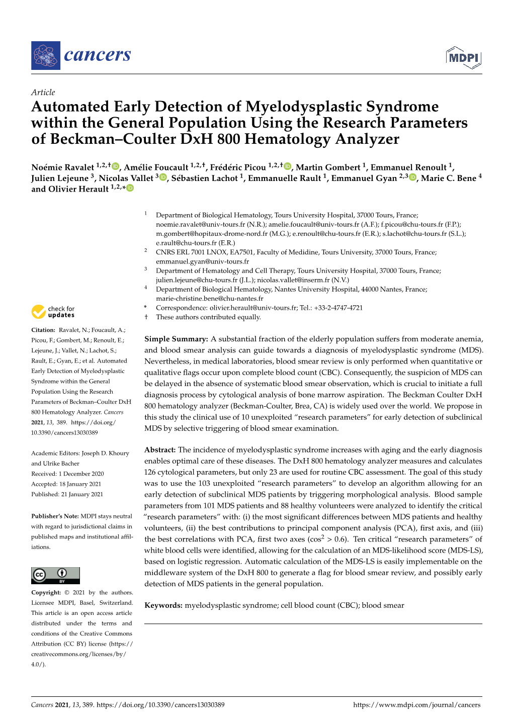 Automated Early Detection of Myelodysplastic Syndrome Within the General Population Using the Research Parameters of Beckman–Coulter Dxh 800 Hematology Analyzer