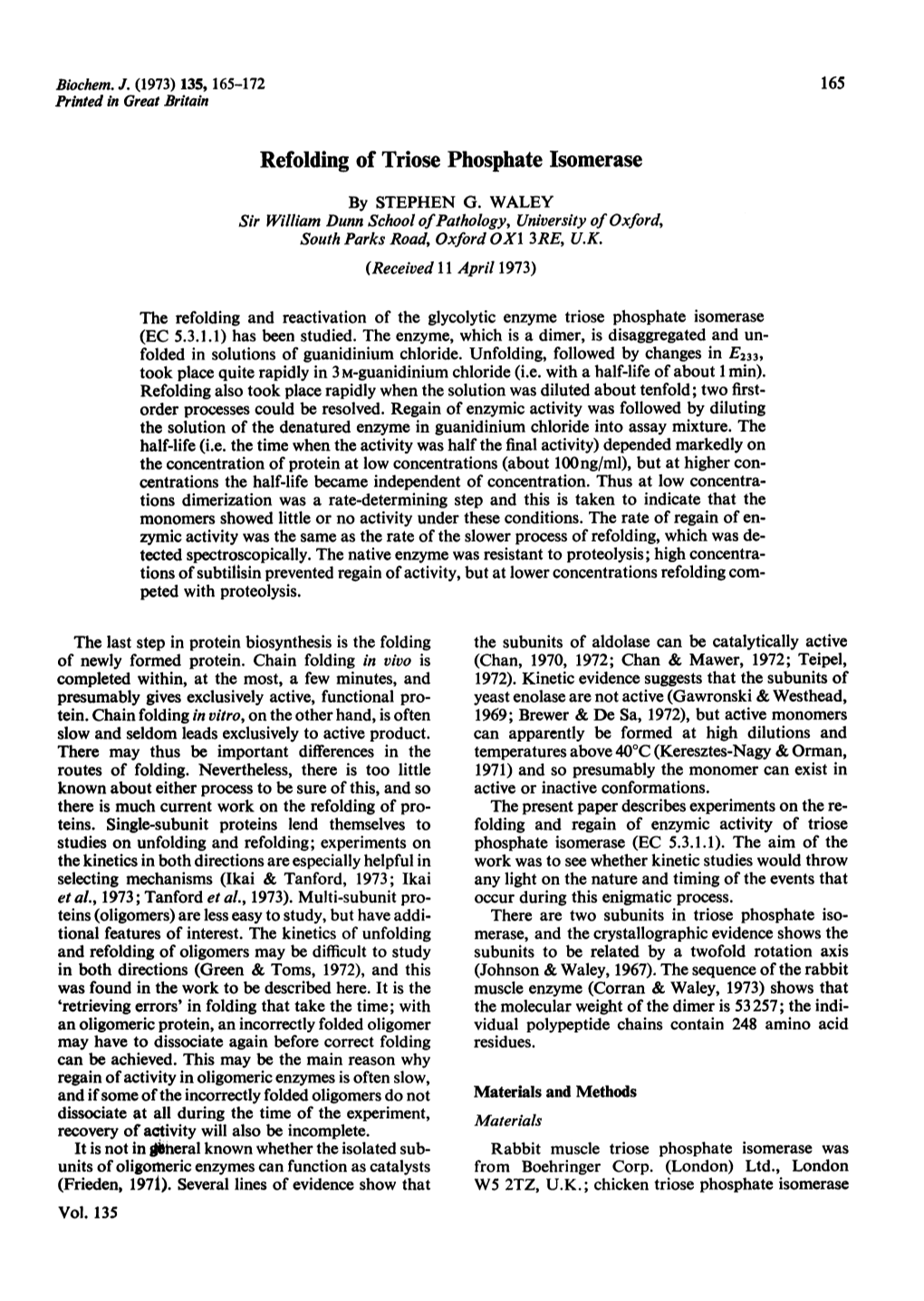 Refolding of Triose Phosphate Isomerase by STEPHEN G