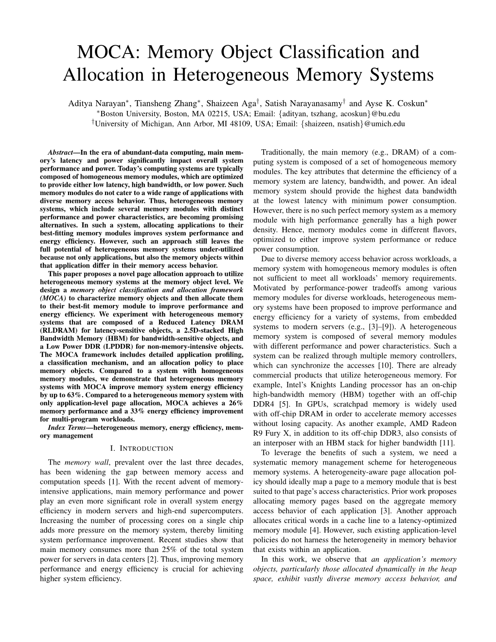 MOCA: Memory Object Classiﬁcation and Allocation in Heterogeneous Memory Systems