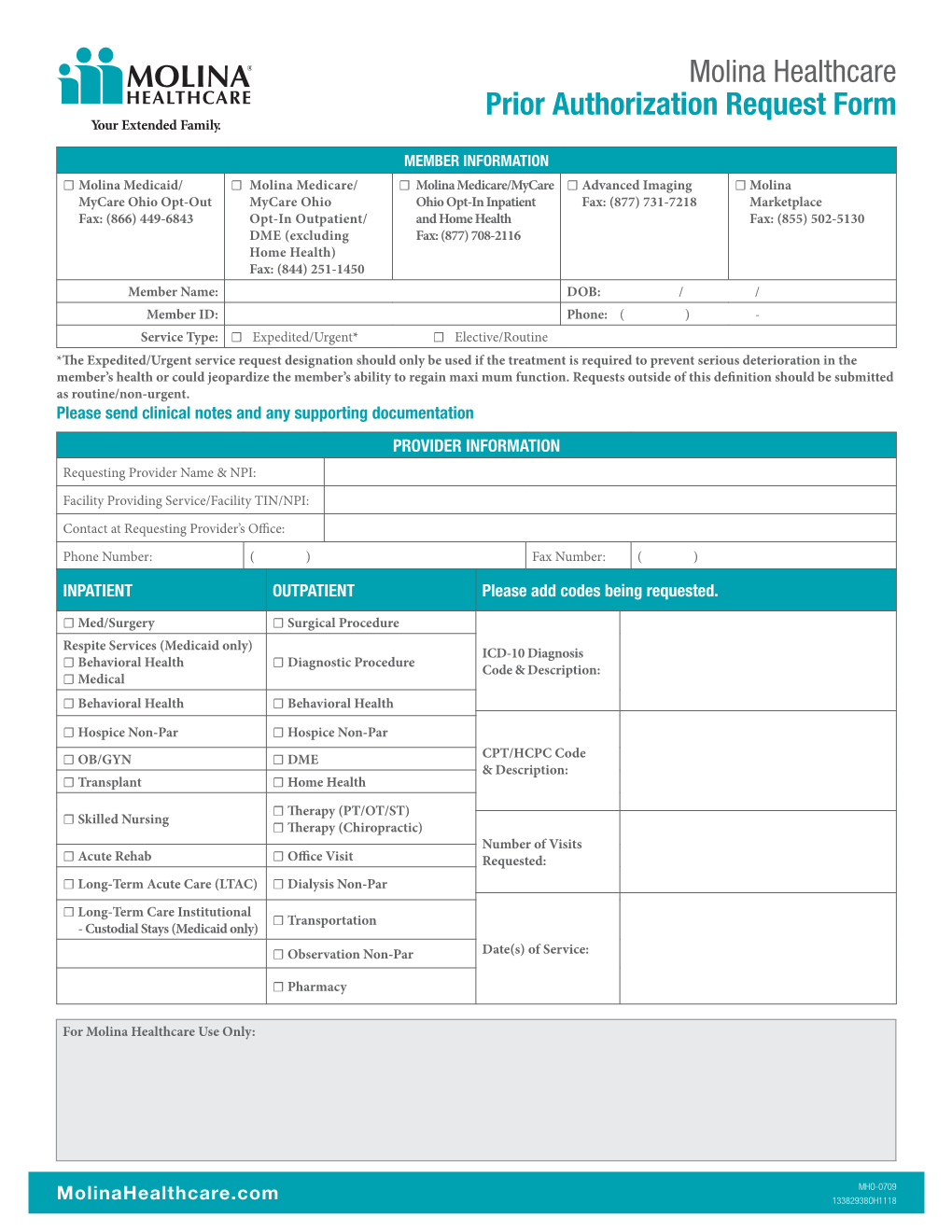 Molina Healthcare Prior Authorization Request Form