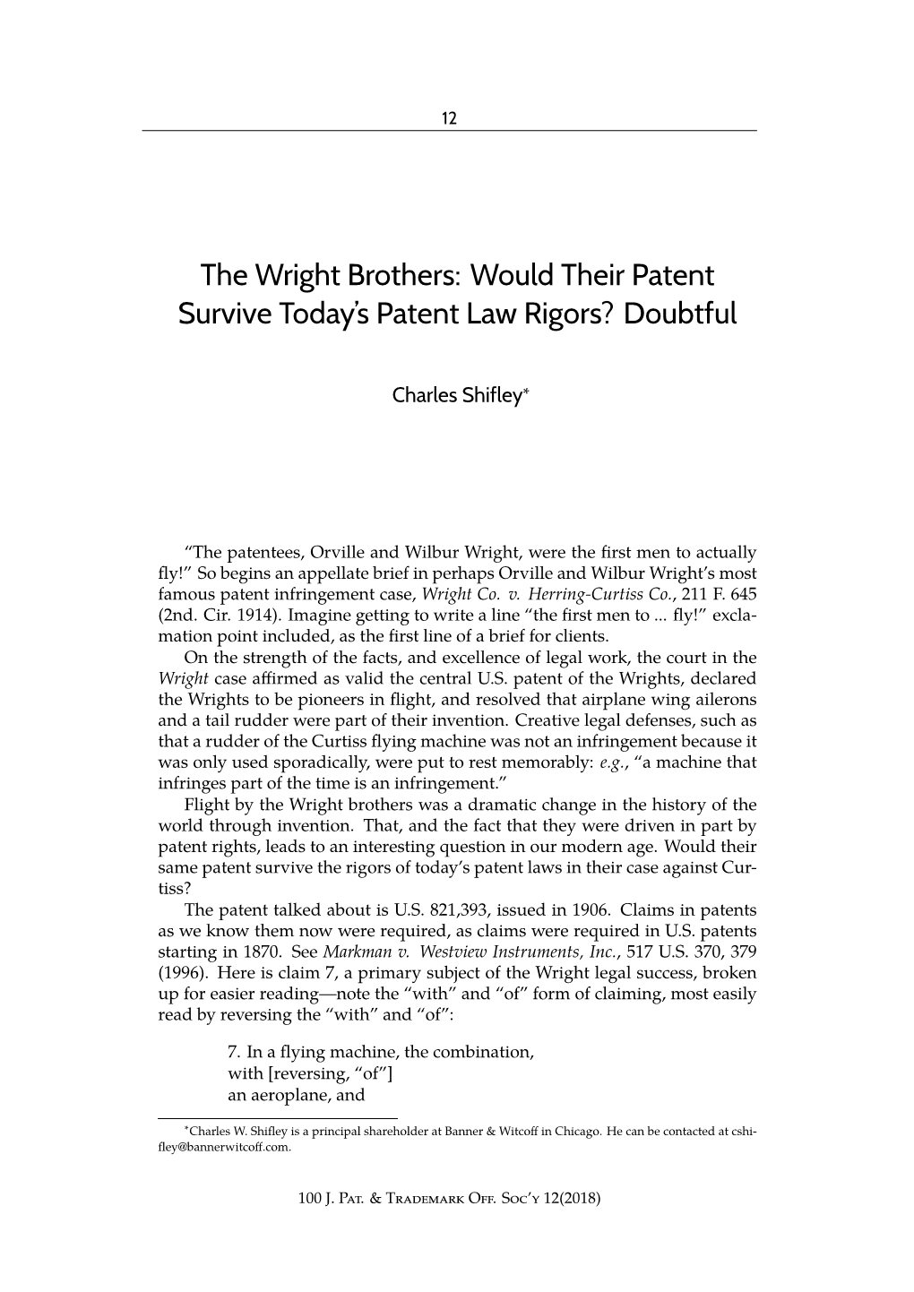 The Wright Brothers: Would Their Patent Survive Today's Patent Law