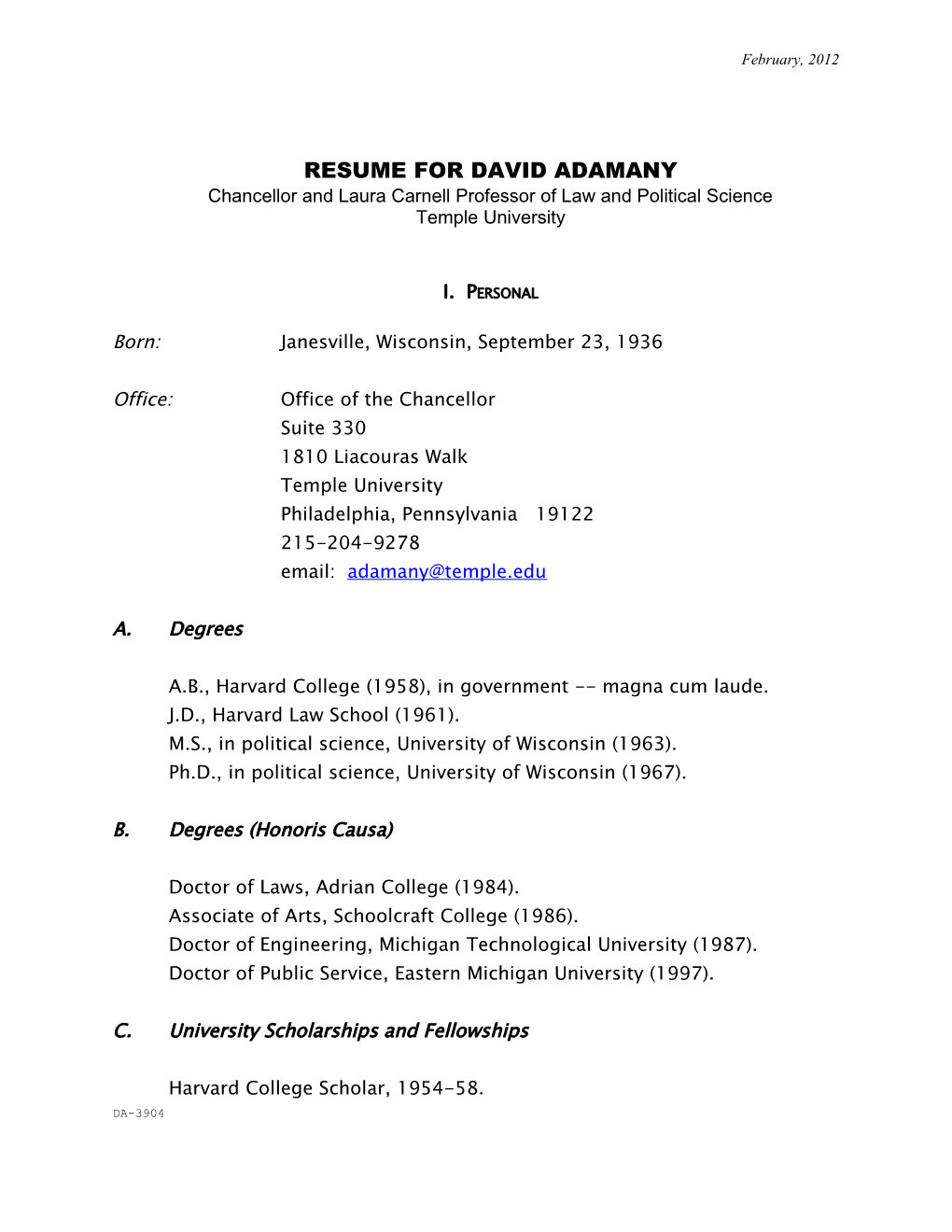 Resume for David Adamany