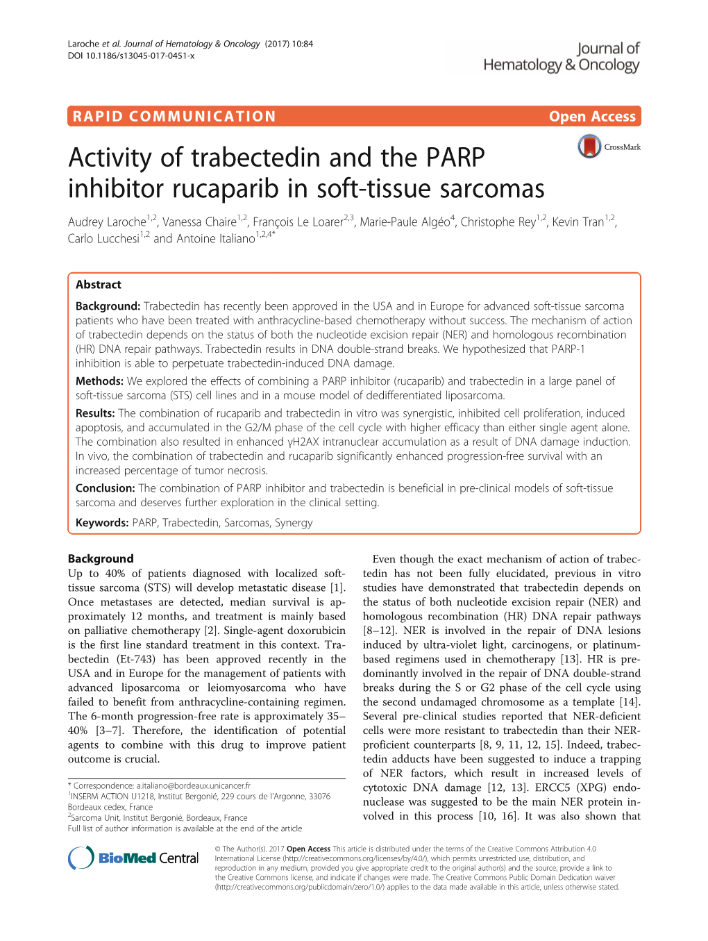 Activity of Trabectedin and the PARP Inhibitor Rucaparib in Soft-Tissue