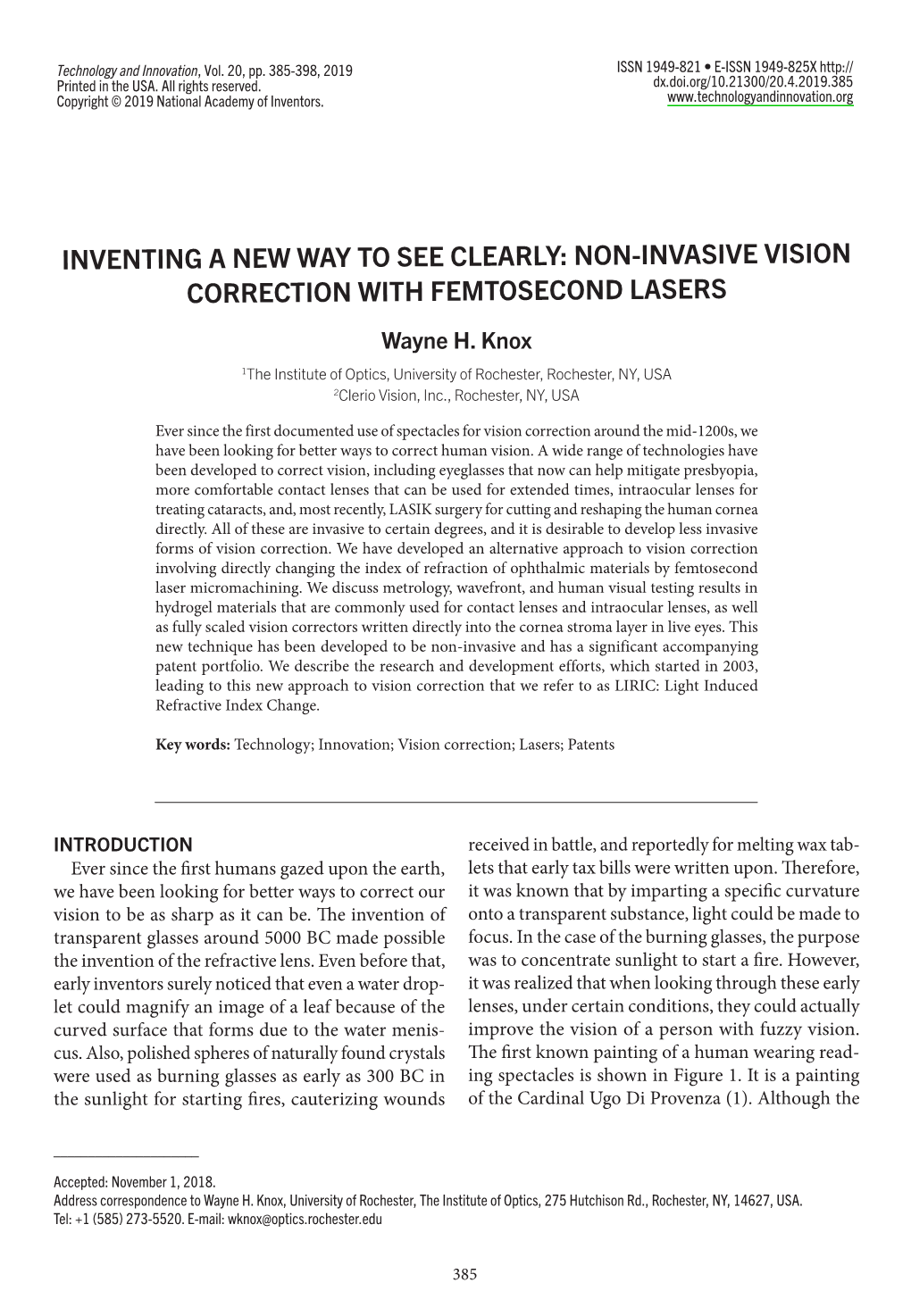 NON-INVASIVE VISION CORRECTION with FEMTOSECOND LASERS Wayne H