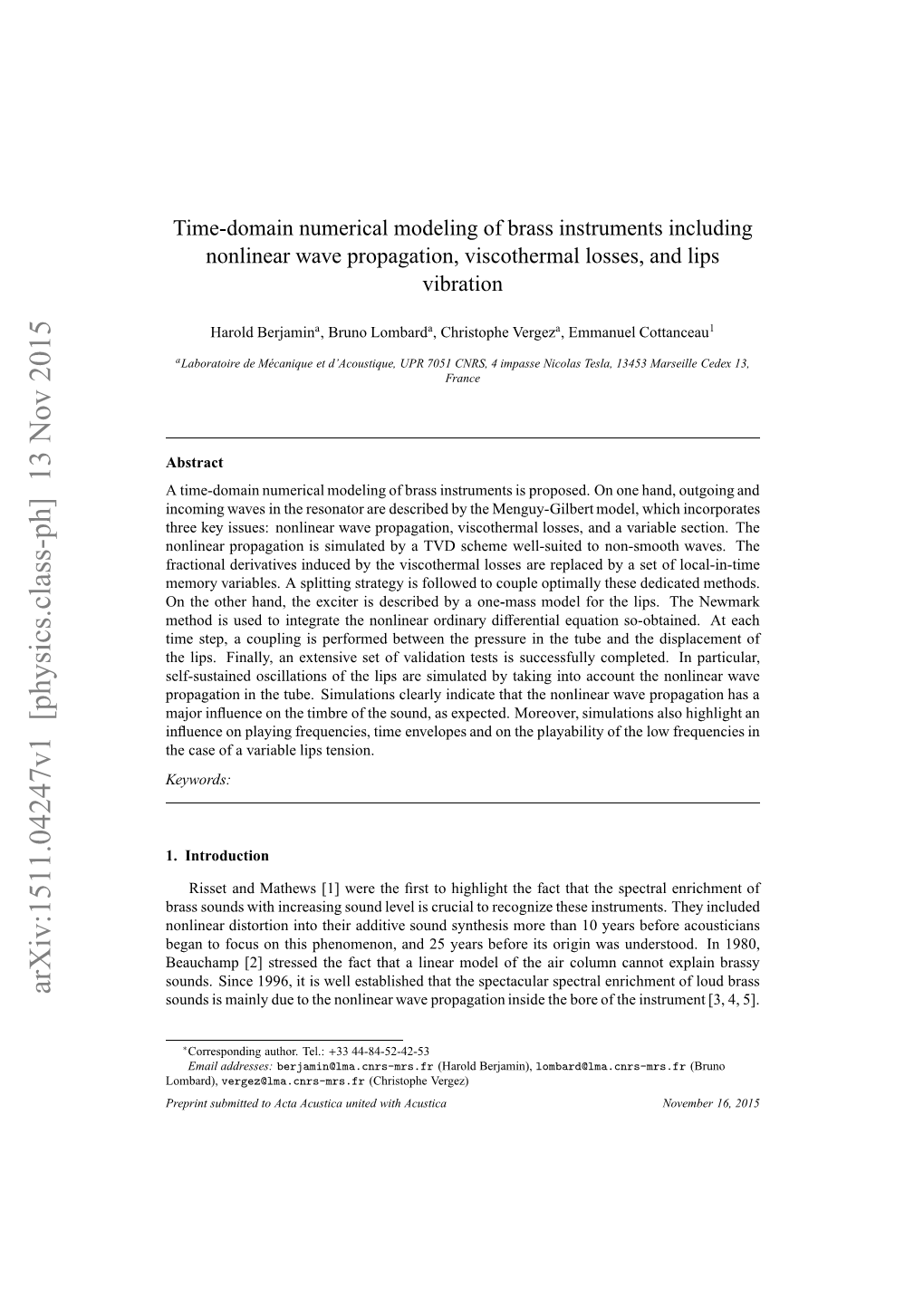 Time-Domain Numerical Modeling of Brass Instruments Including