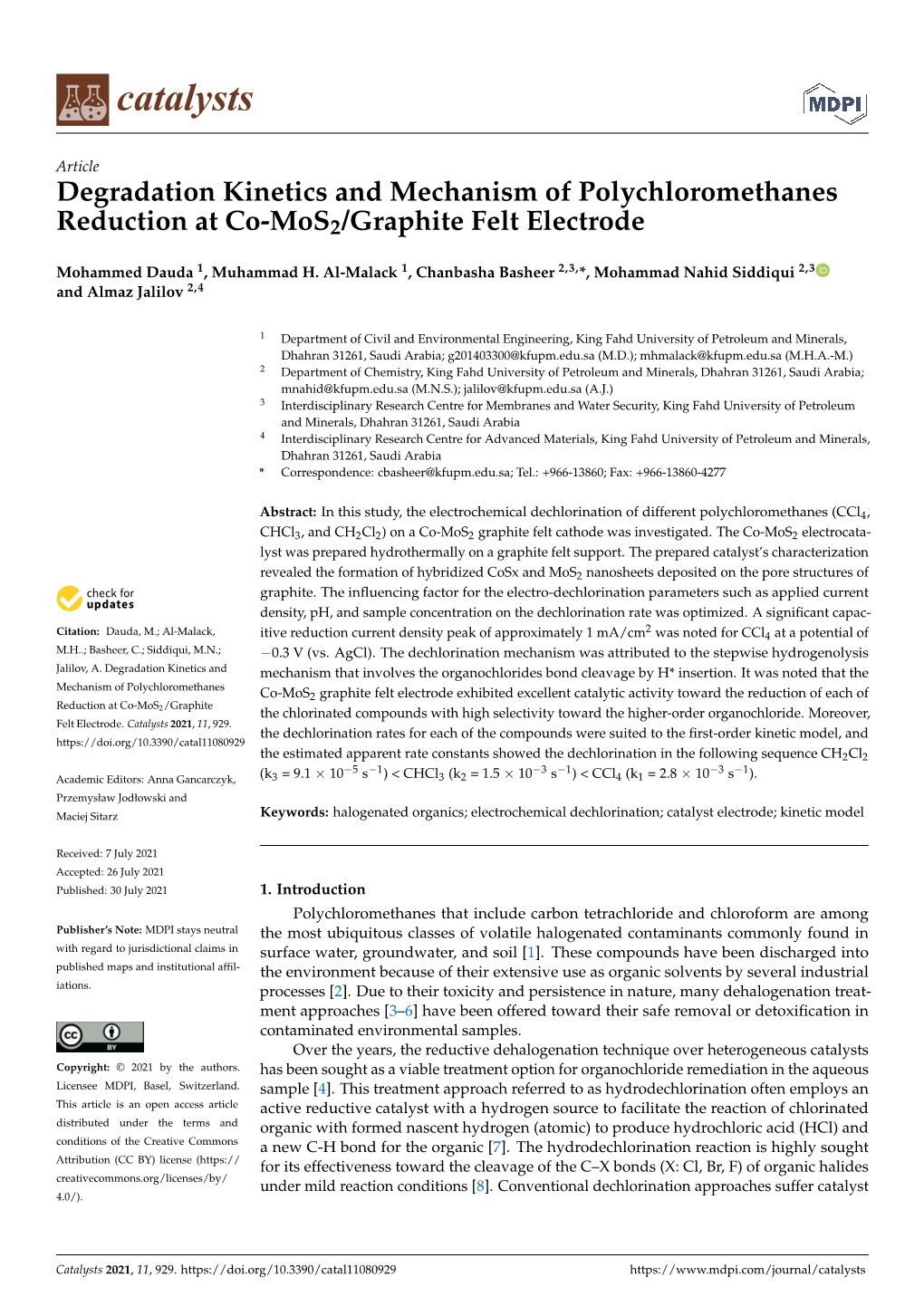 Degradation Kinetics and Mechanism of Polychloromethanes Reduction at Co-Mos2/Graphite Felt Electrode