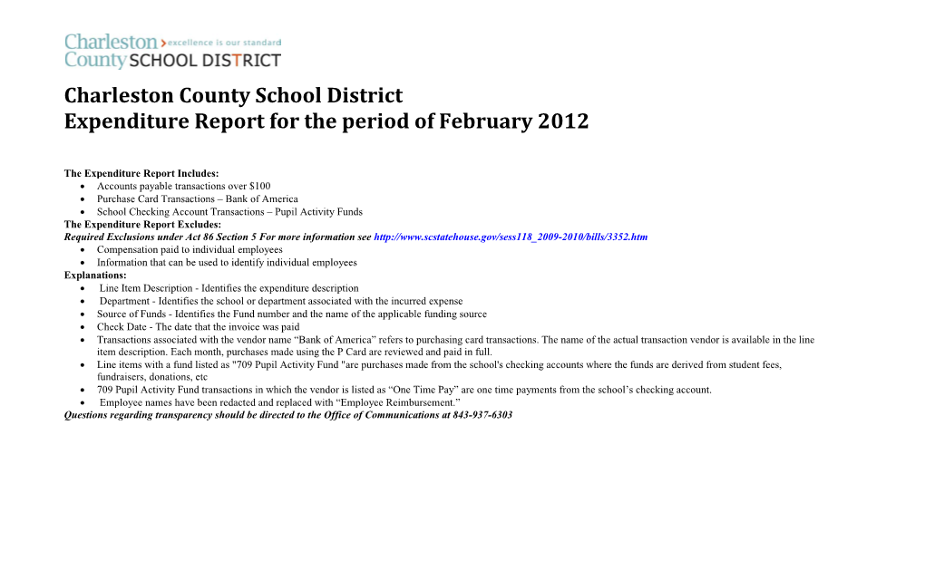 Charleston County School District Expenditure Report for the Period of February 2012