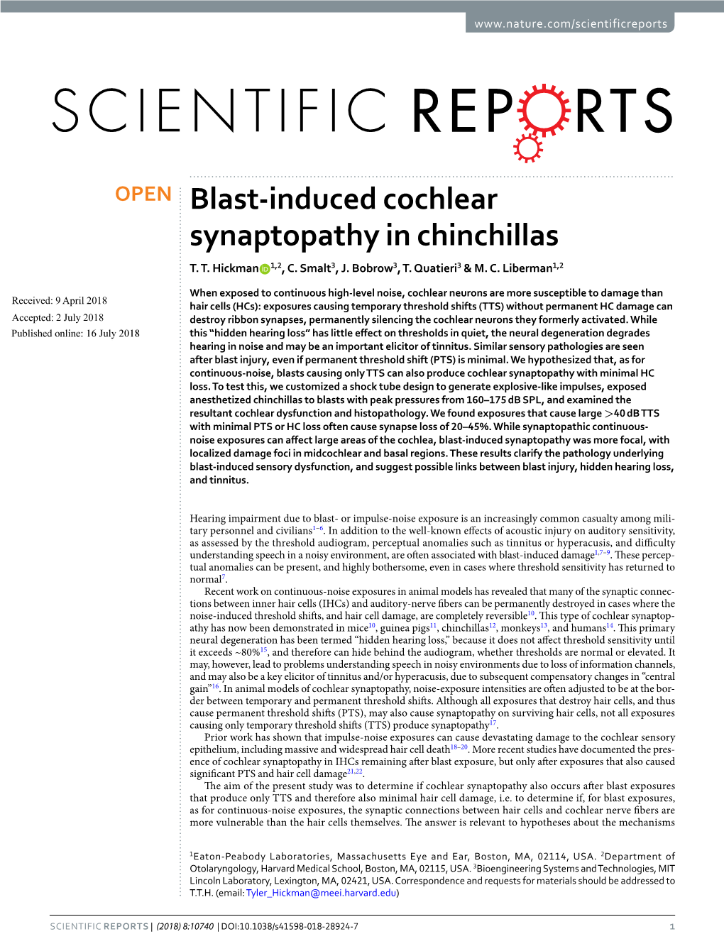 Blast-Induced Cochlear Synaptopathy in Chinchillas T