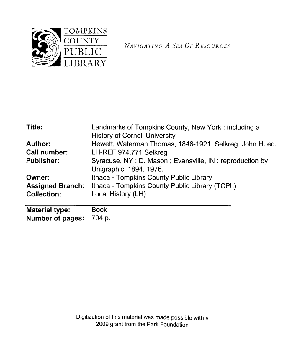 Tompkins County Public Library Assigned Branch: Ithaca - Tompkins County Public Library (TCPL) Collection: Local History (LH)