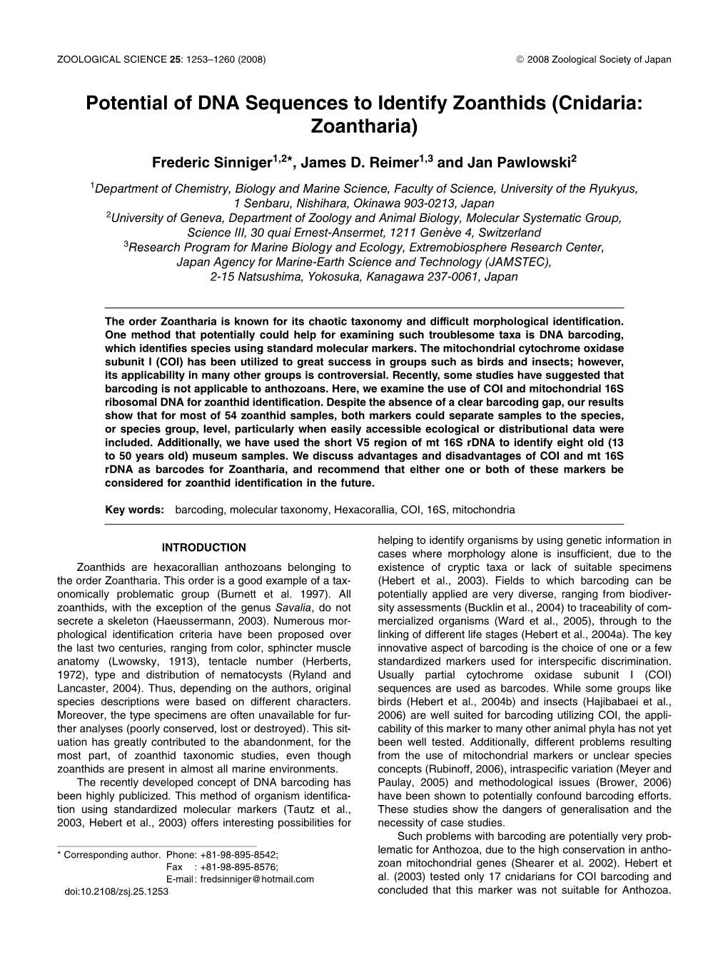 Potential of DNA Sequences to Identify Zoanthids (Cnidaria: Zoantharia)