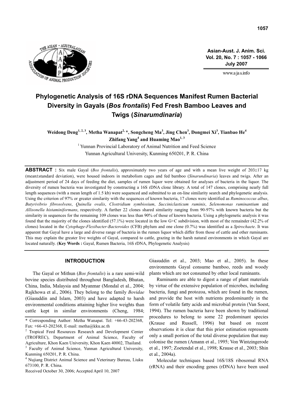 Phylogenetic Analysis of 16S Rdna Sequences Manifest Rumen Bacterial Diversity in Gayals (Bos Frontalis) Fed Fresh Bamboo Leaves and Twigs (Sinarumdinaria)