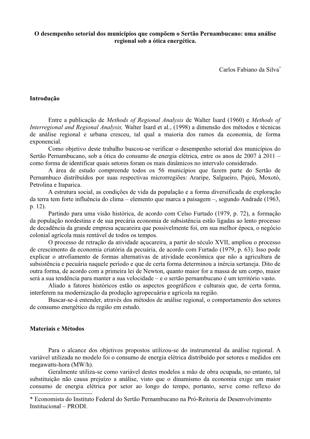 O Desempenho Setorial Dos Municípios Que Compõem O Sertão Pernambucano: Uma Análise Regional Sob a Ótica Energética