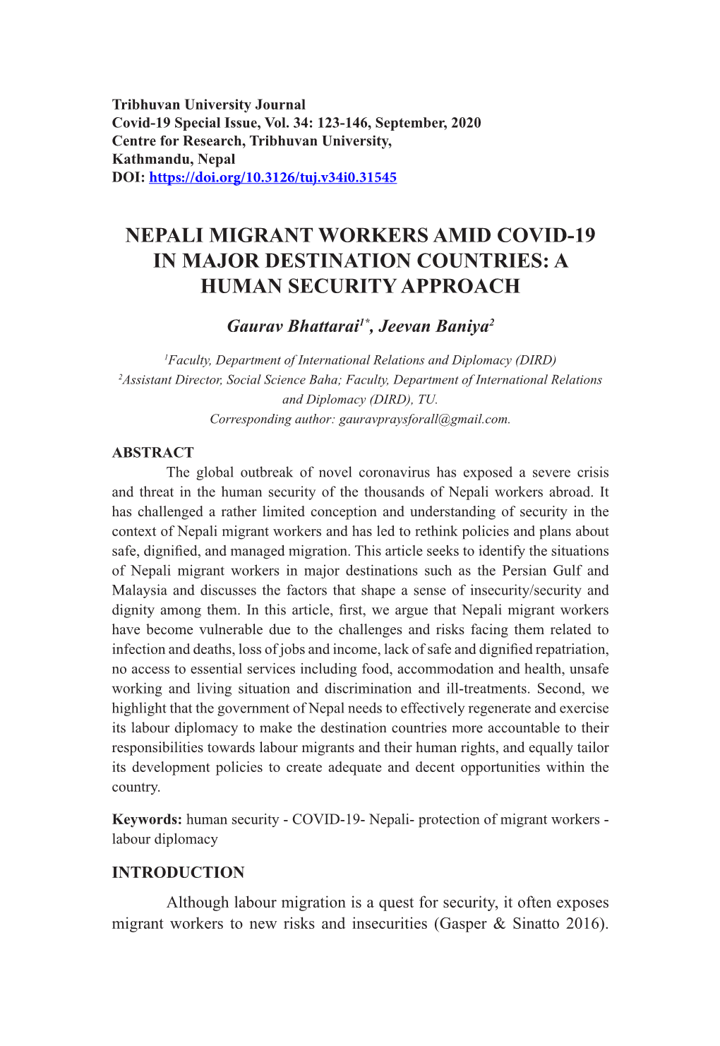 Nepali Migrant Workers Amid Covid-19 in Major Destination Countries: a Human Security Approach