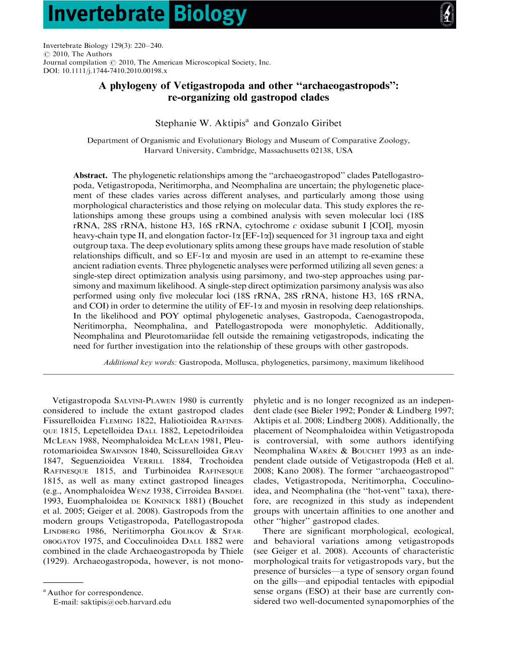 A Phylogeny of Vetigastropoda and Other Archaeogastropods