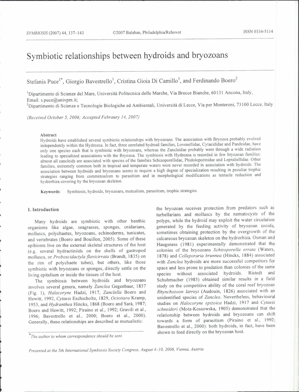 Symbiotic Relationships Between Hydroids and Bryozoans