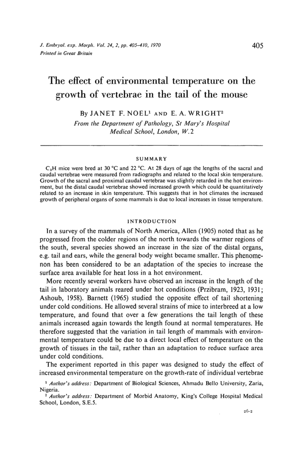 The Effect of Environmental Temperature on the Growth of Vertebrae in the Tail of the Mouse