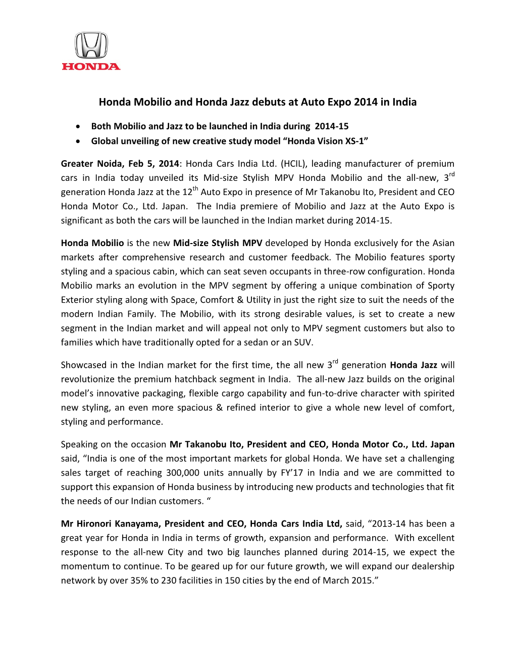Honda Mobilio and Honda Jazz Debuts at Auto Expo 2014 in India