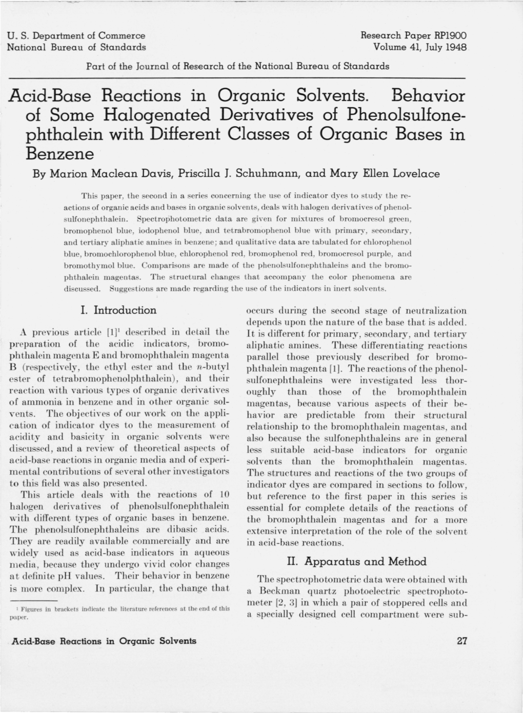 Acid-Base Reactions in Organic Solvents. Behavior of Some