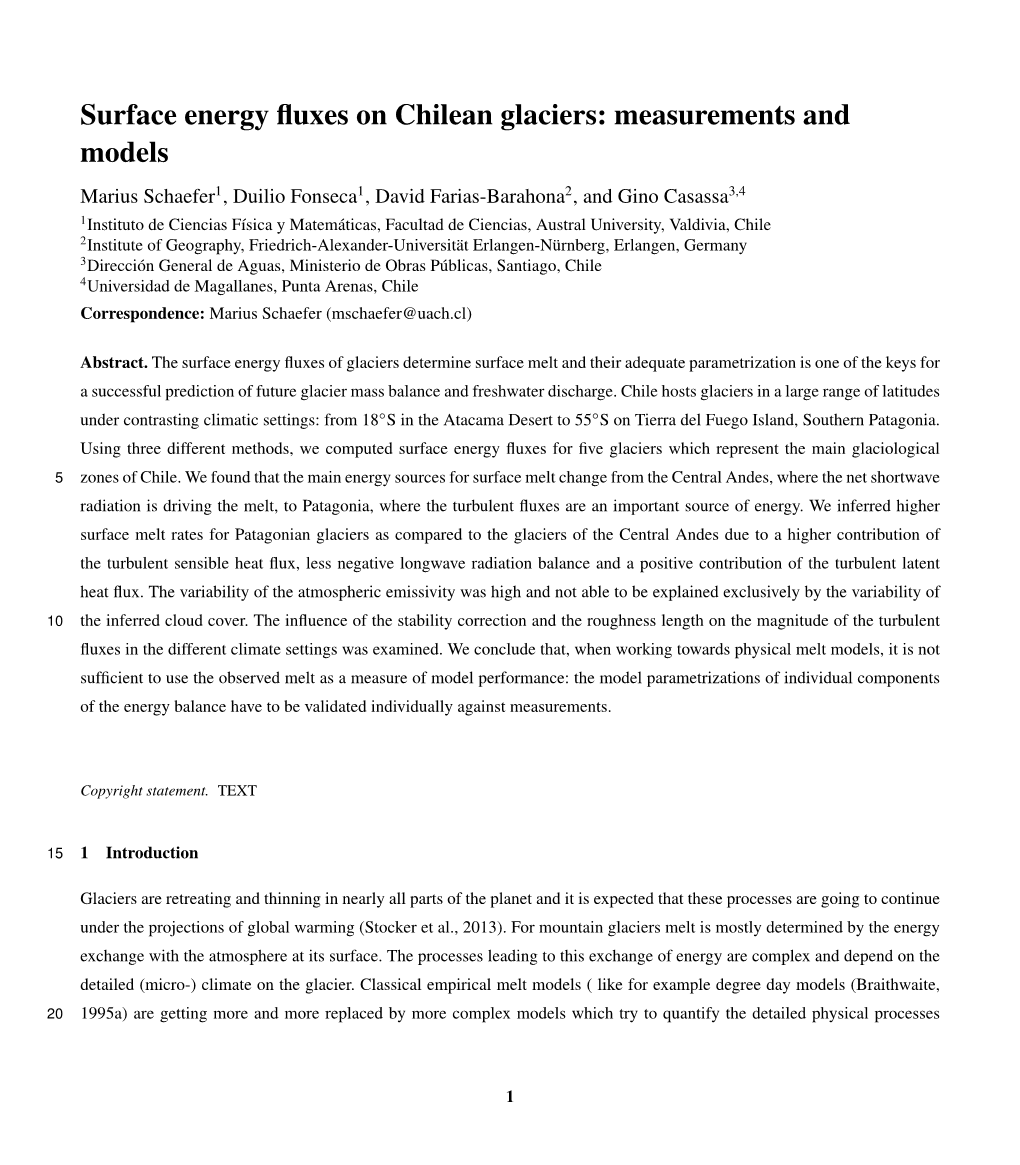 Surface Energy Fluxes on Chilean Glaciers: Measurements and Models