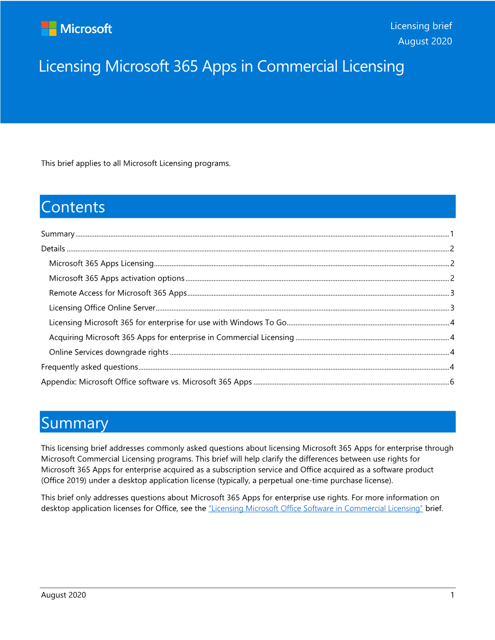 Contents Summary Licensing Microsoft 365 Apps in Commercial