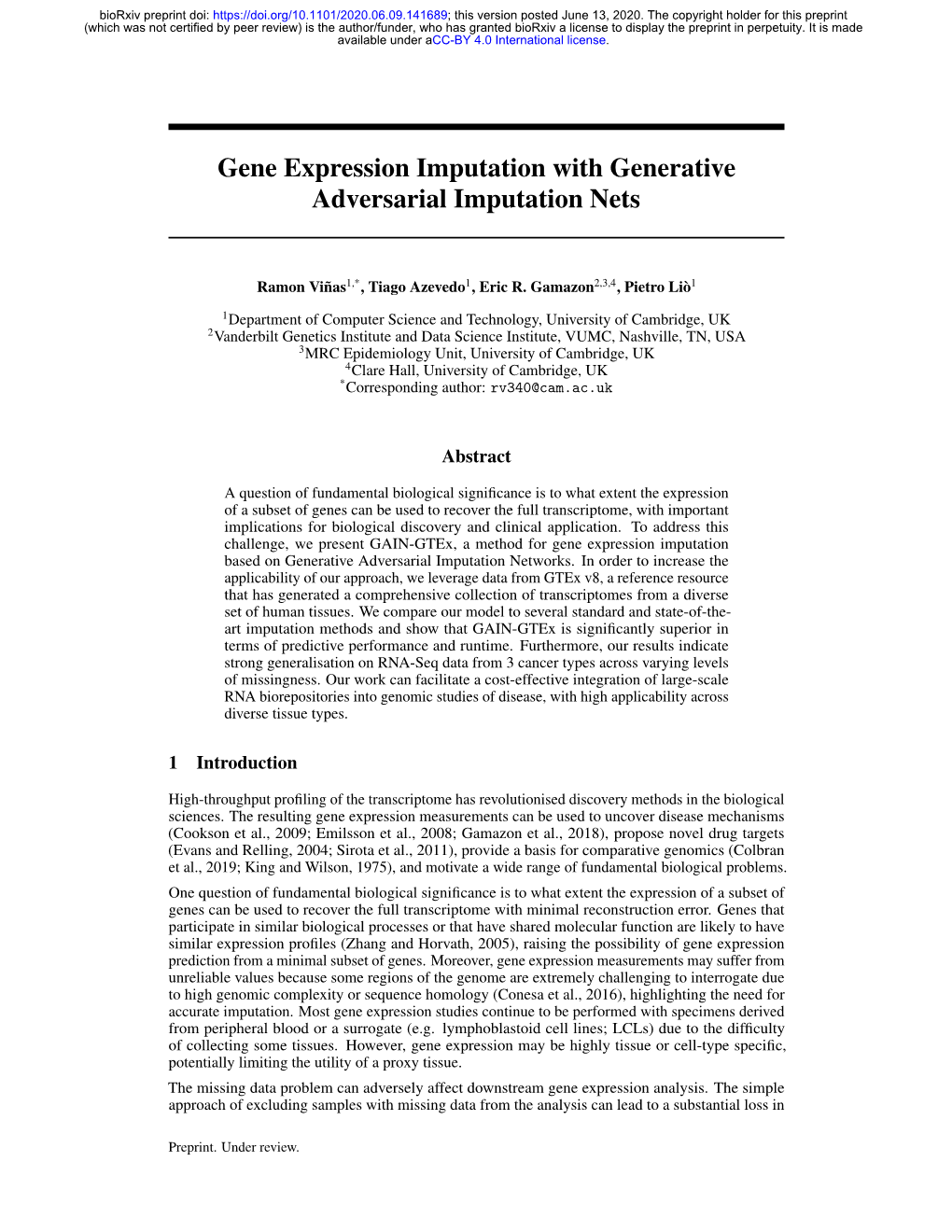 Gene Expression Imputation with Generative Adversarial Imputation Nets