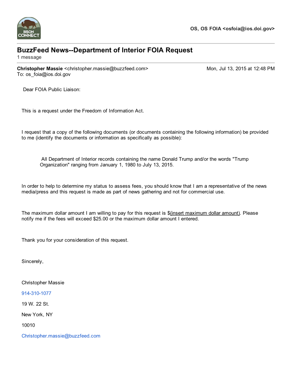 Buzzfeed Newsннdepartment of Interior FOIA Request