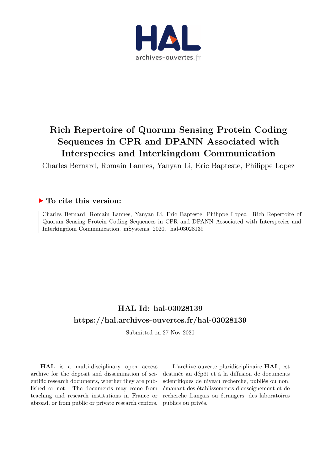 Rich Repertoire of Quorum Sensing Protein Coding Sequences in CPR