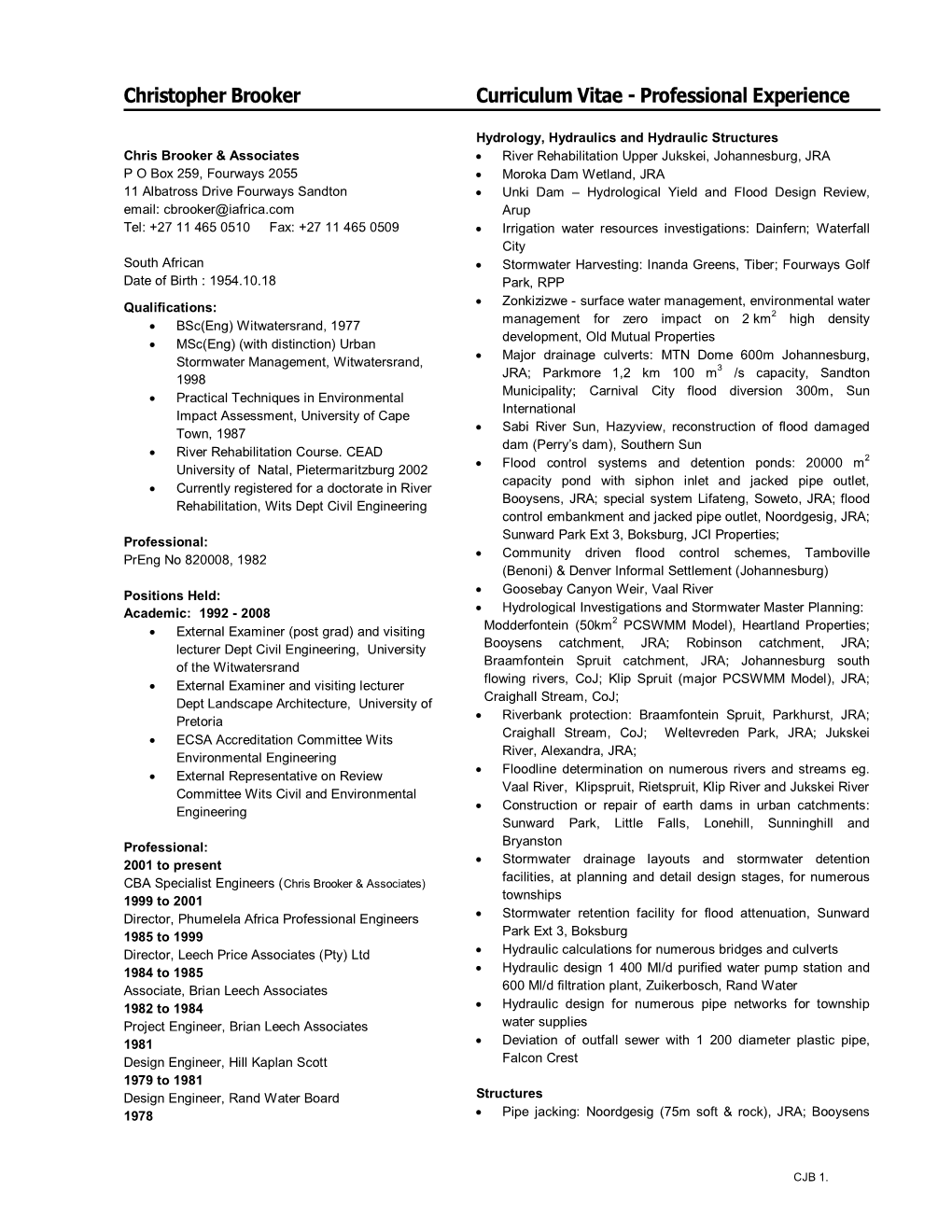 Christopher Brooker Curriculum Vitae - Professional Experience