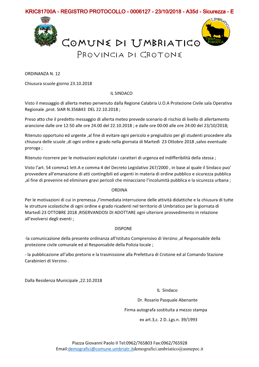 Comune Di Umbriatico Provincia Di Crotone