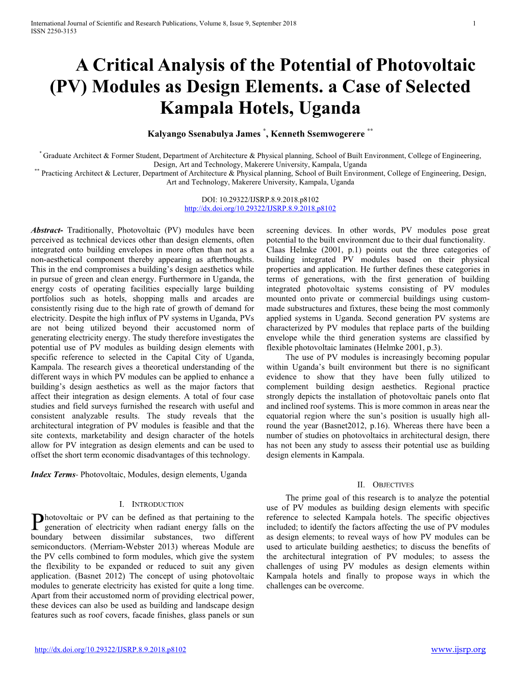 (PV) Modules As Design Elements. a Case of Selected Kampala Hotels, Uganda