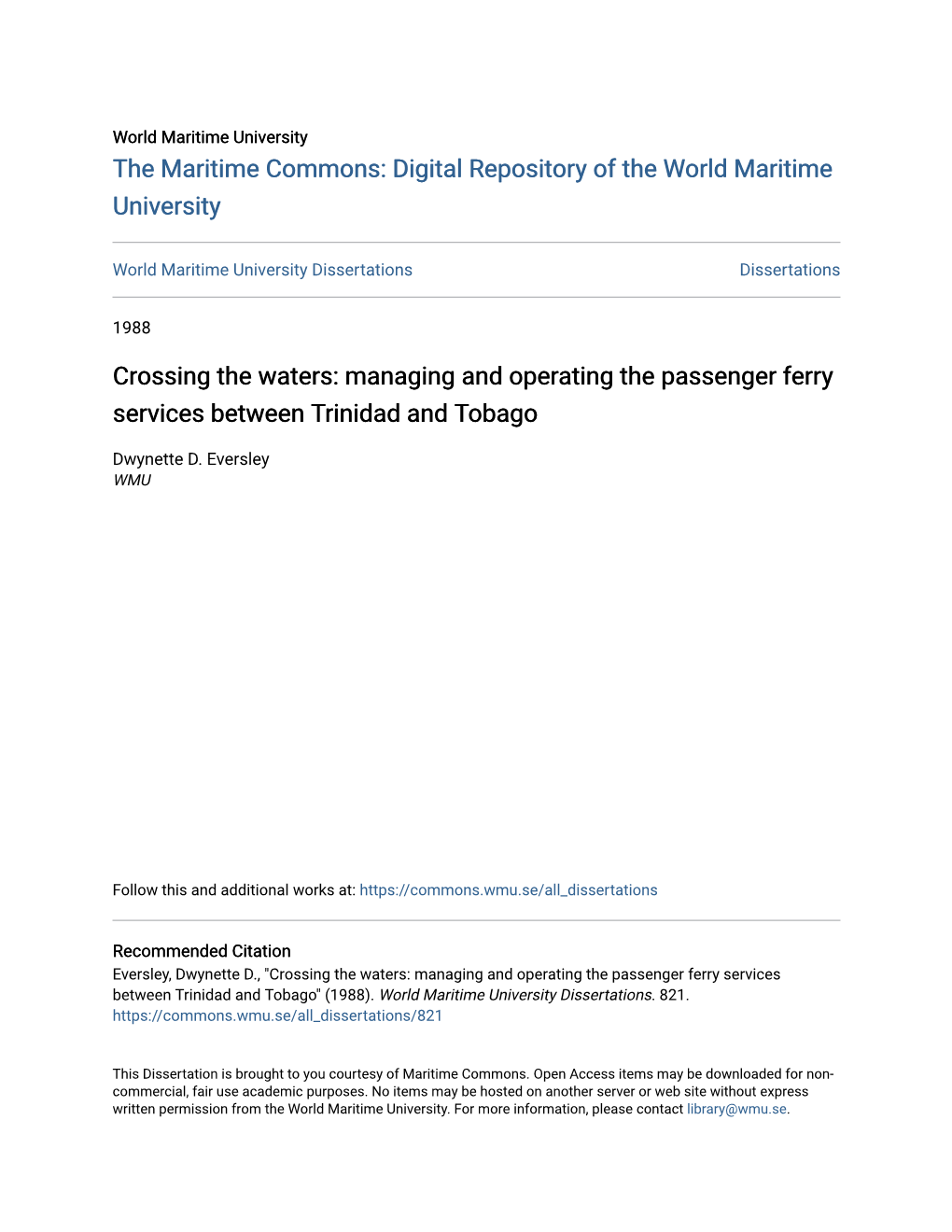 Managing and Operating the Passenger Ferry Services Between Trinidad and Tobago