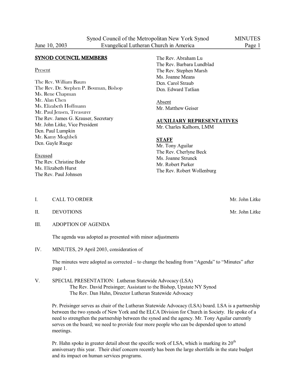 Synod Council of the Metropolitan New York Synod MINUTES June 10, 2003 Evangelical Lutheran Church in America Page 1