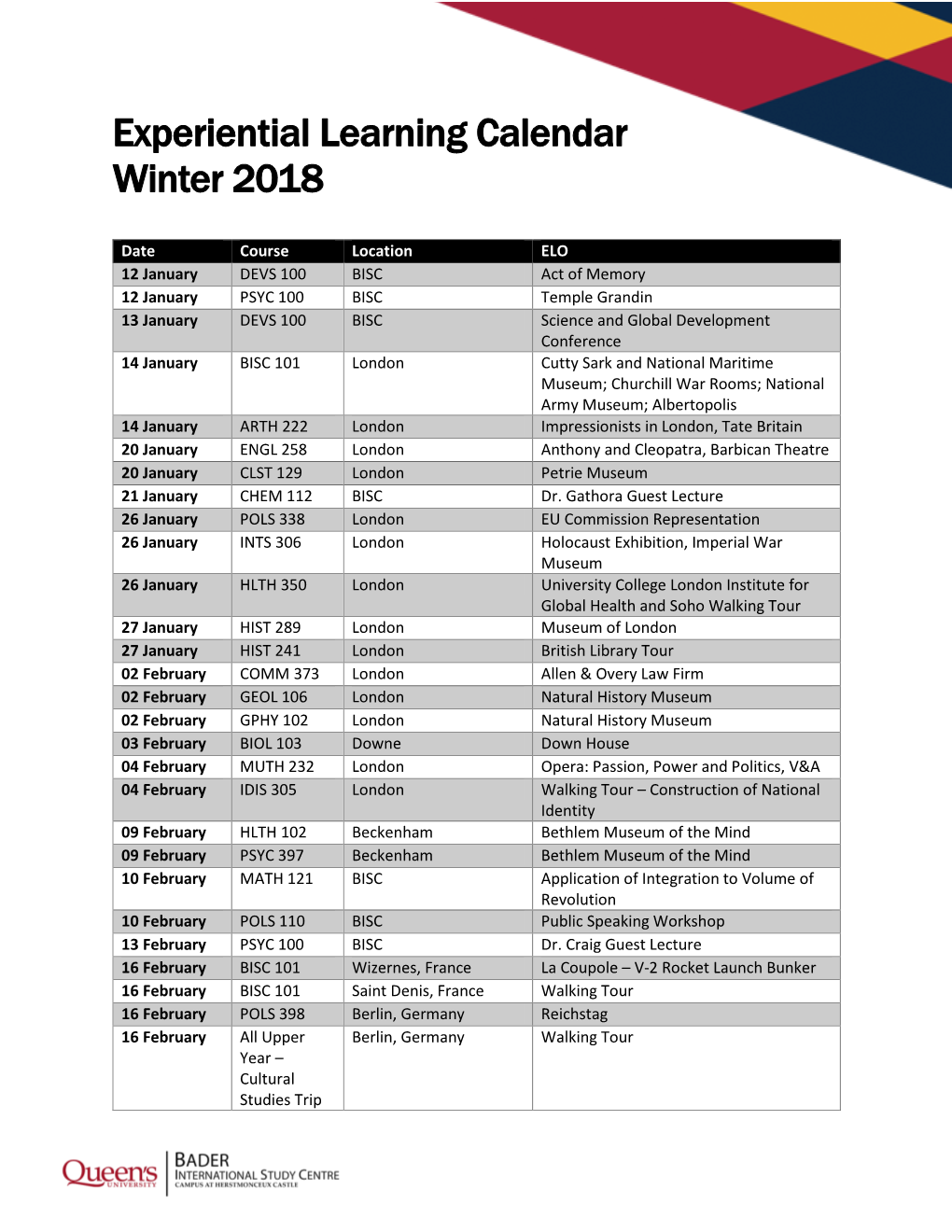 Experiential Learning Calendar Winter 2018