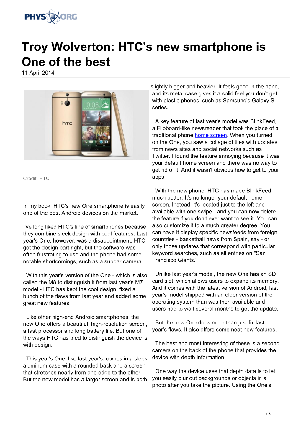 Troy Wolverton: HTC's New Smartphone Is One of the Best 11 April 2014