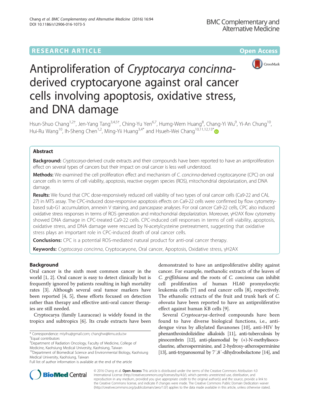 Antiproliferation of Cryptocarya Concinna-Derived Cryptocaryone Against Oral Cancer Cells Involving Apoptosis, Oxidative Stress