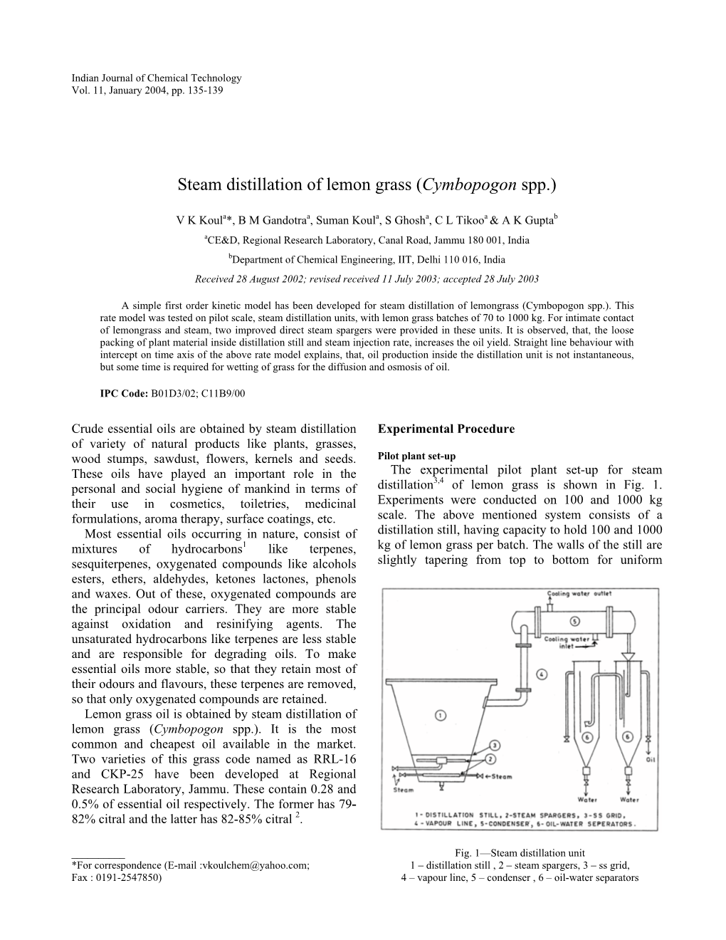 Steam Distillation of Lemon Grass (Cymbopogon Spp.)