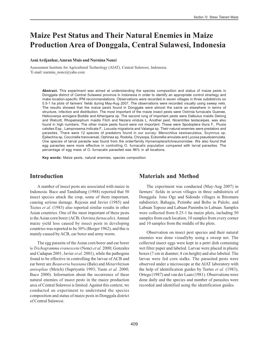 Maize Pest Status and Their Natural Enemies in Maize Production Area of Donggala, Central Sulawesi, Indonesia