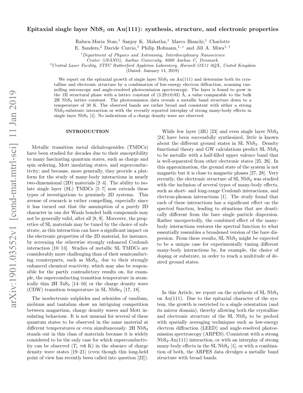 Epitaxial Single Layer Nbs $ {2} $ on Au (111): Synthesis, Structure, And