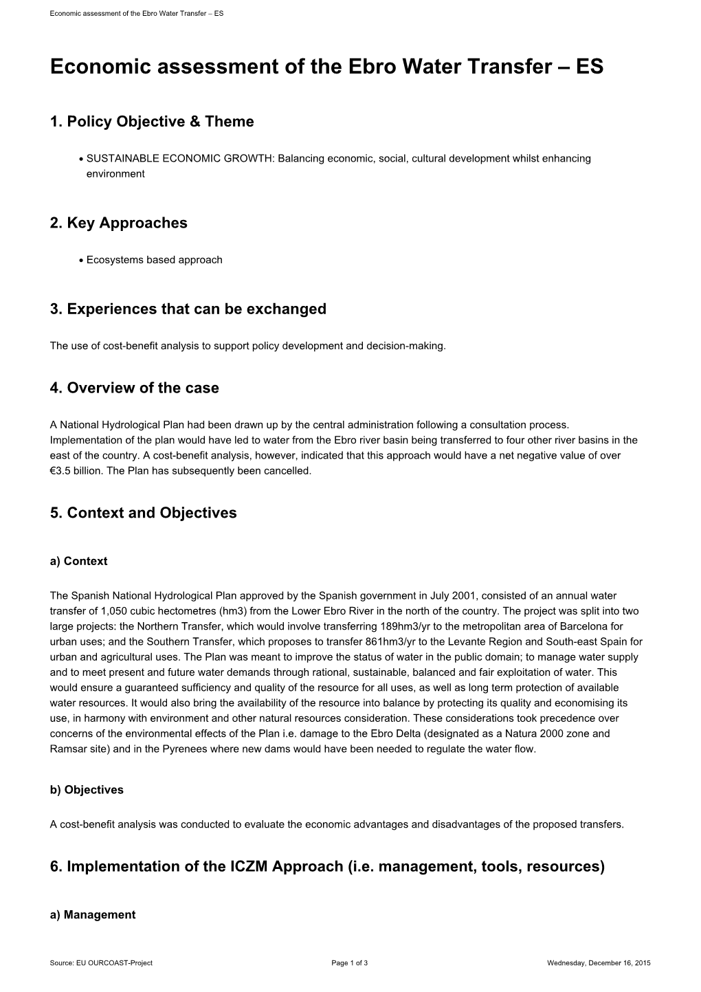 Economic Assessment of the Ebro Water Transfer – ES