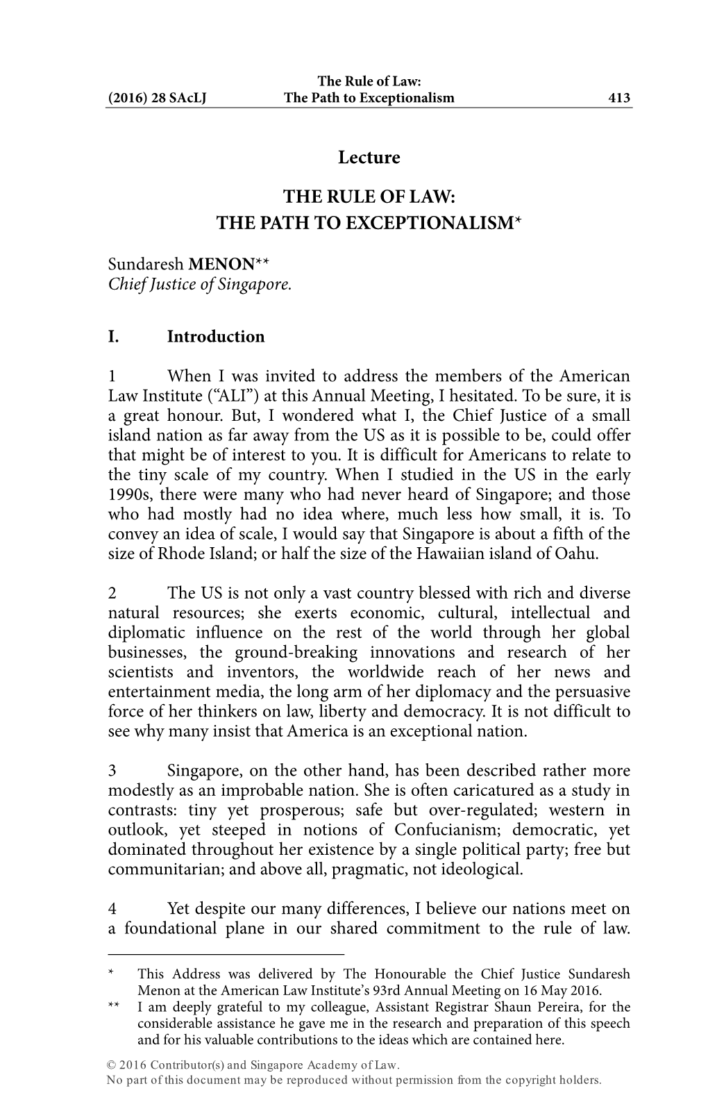 Lecture the RULE of LAW: the PATH to EXCEPTIONALISM*