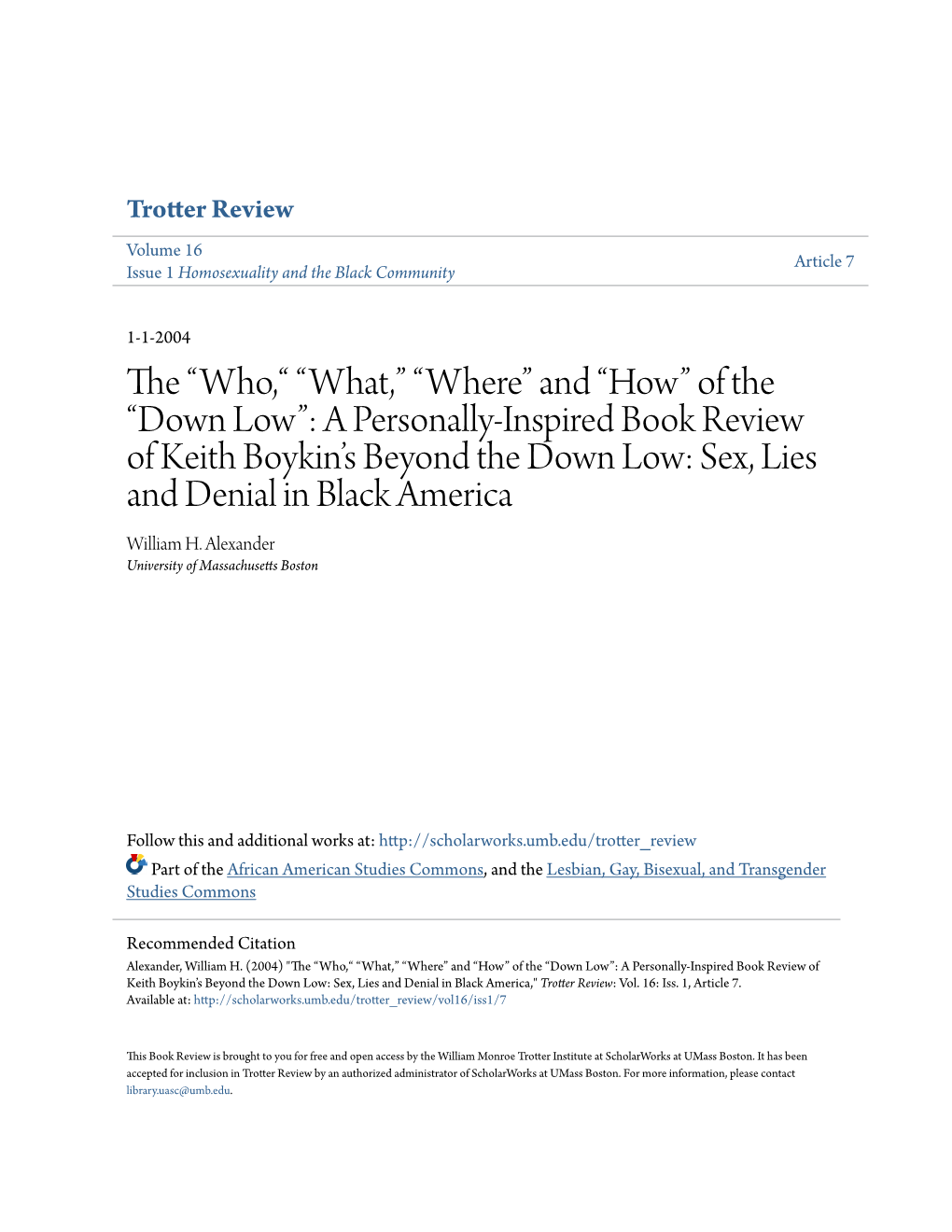 Down Low”: a Personally‐Inspired Book Review of Keith Boykin’S Beyond the Down Low: Sex, Lies and Denial in Black America William H