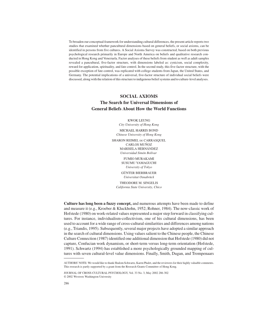 SOCIAL AXIOMS the Search for Universal Dimensions of General Beliefs About How the World Functions