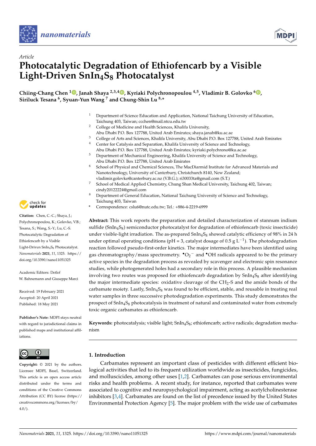 Photocatalytic Degradation of Ethiofencarb by a Visible Light-Driven Snin4s8 Photocatalyst