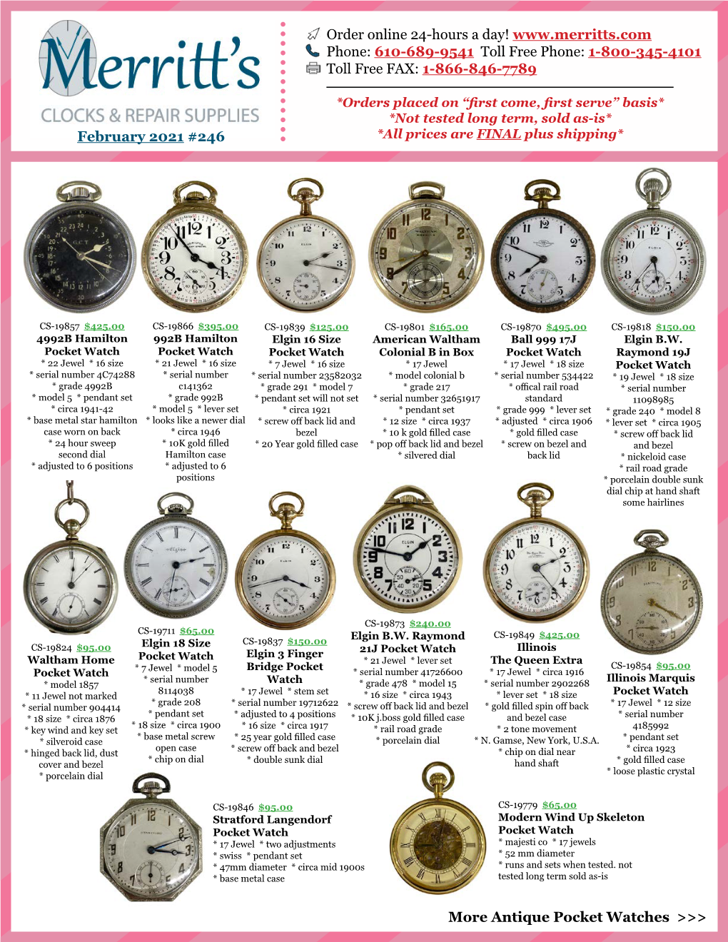 Antique Pocket Watches >>> February 2021 #246 Order Online 24