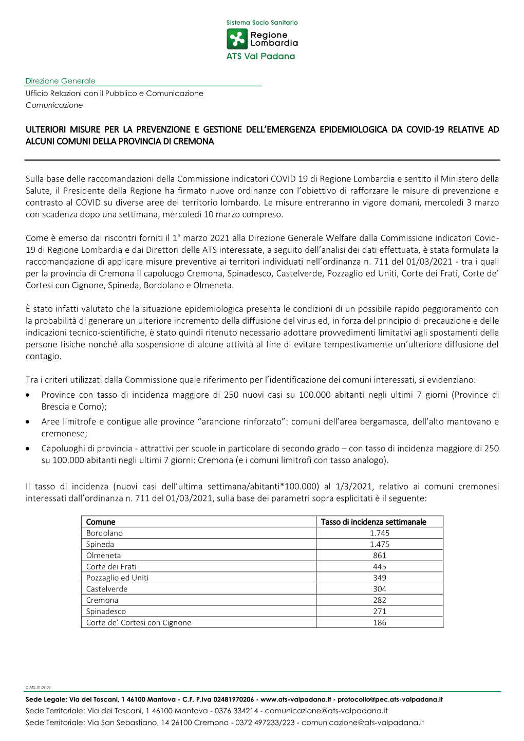 Ulteriori Misure Per La Prevenzione E Gestione Dell’Emergenza Epidemiologica Da Covid-19 Relative Ad Alcuni Comuni Della Provincia Di Cremona