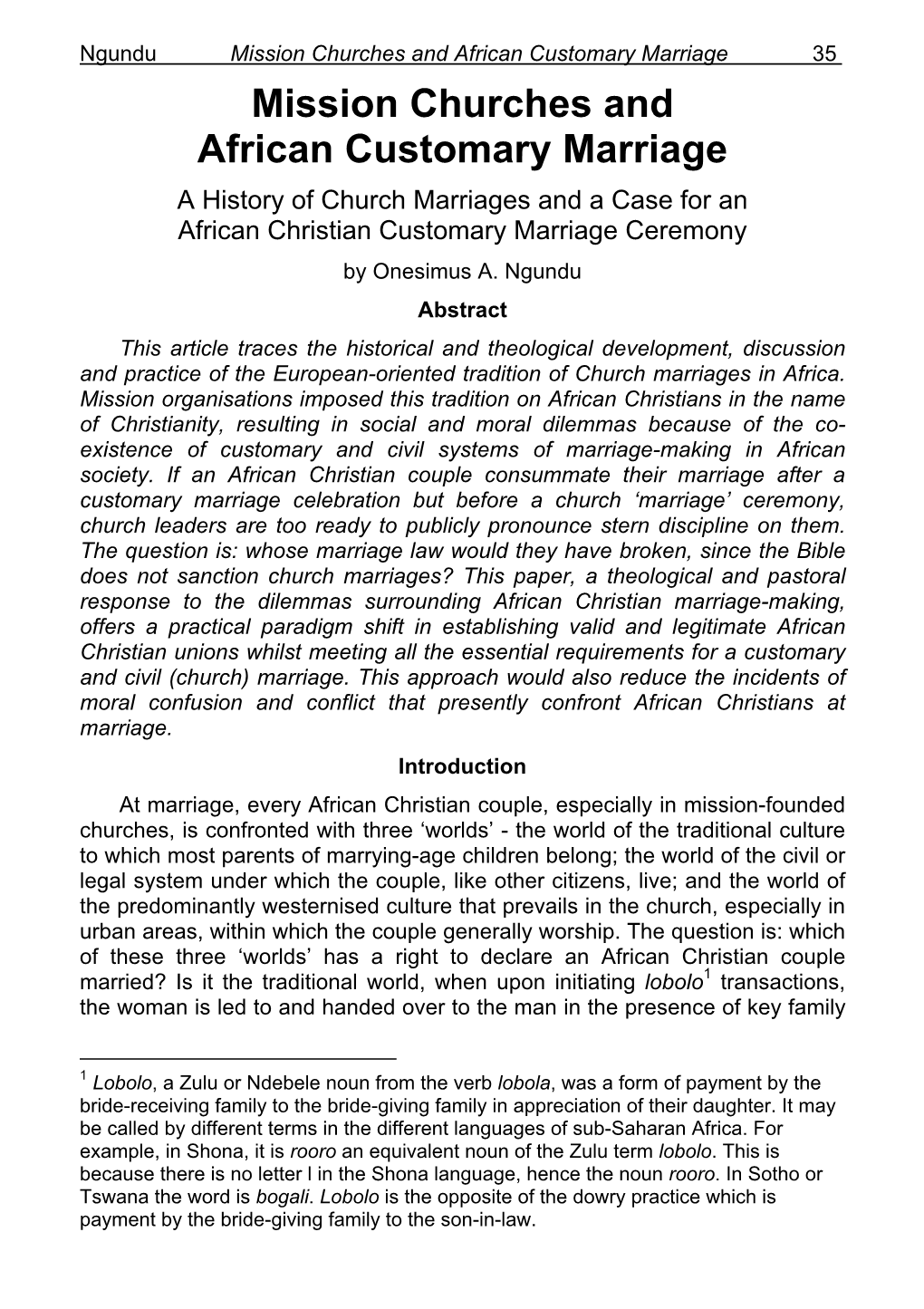 Mission Churches and African Customary Marriage